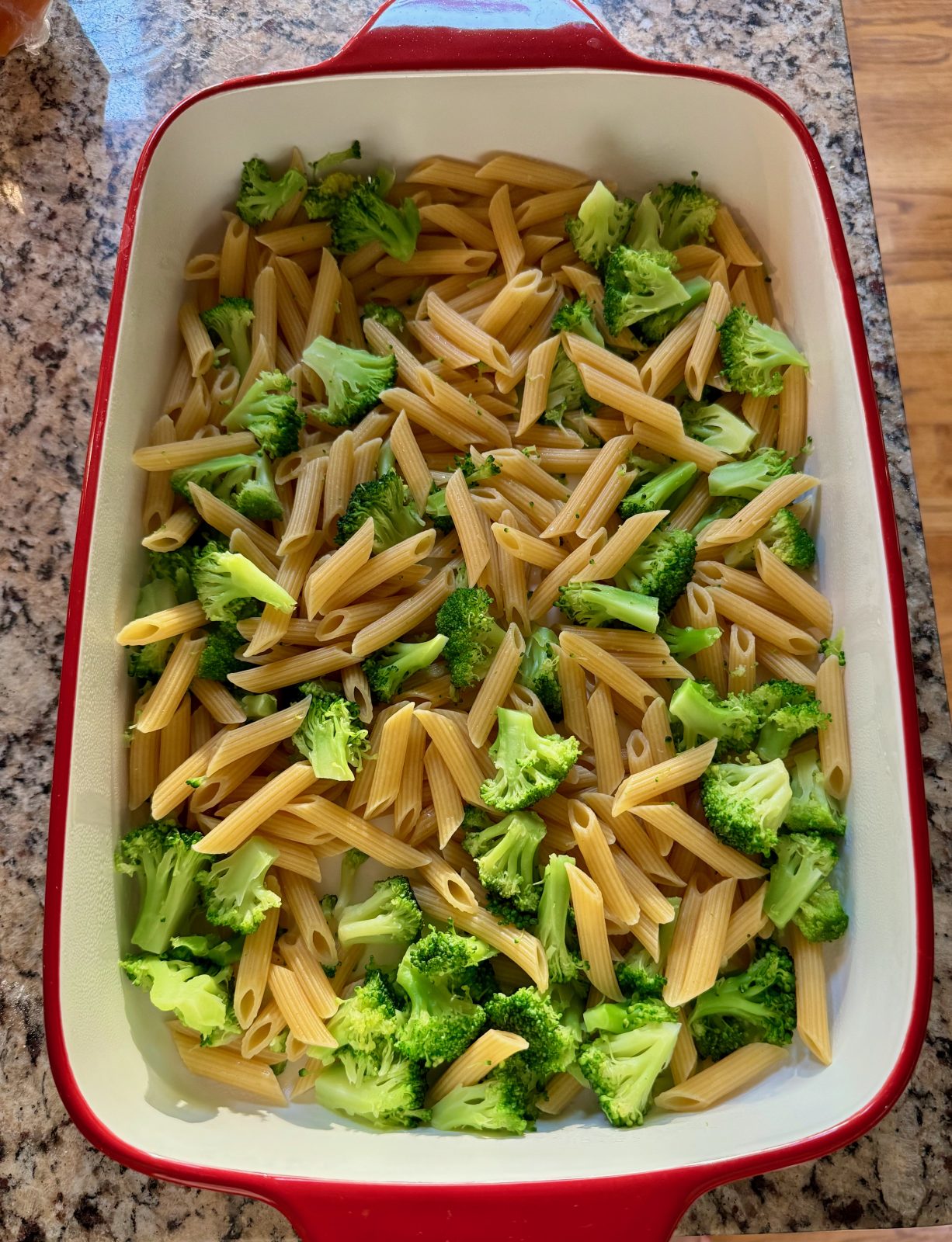 Cooked penne pasta and blanched broccoli florets in a red 13x9 stoneware casserole.  Other ingredients will be added to make a Chicken and broccoli pasta bake.