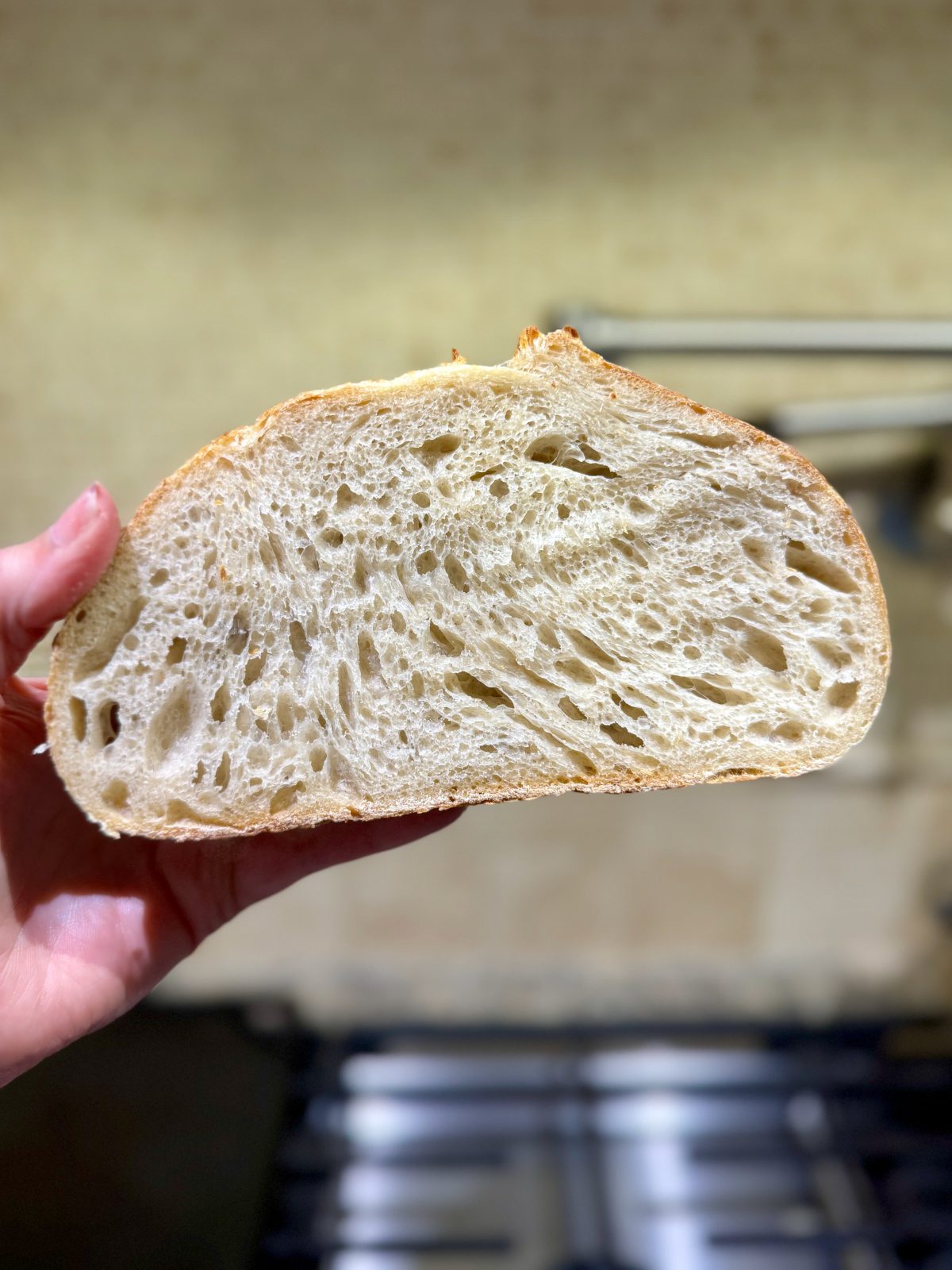 Inside view of homemade stand mixer sourdough boule.  stovetop and pot filler in background.