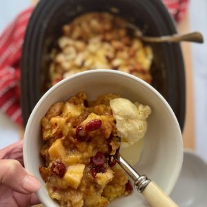 Recipe photo of completed Slow Cooker Apple Cranberry Pudding Cake. Slow cooker in background with a serving spooned out, Bowl in foreground with gooey serving with some melty vanilla ice cream alongside.