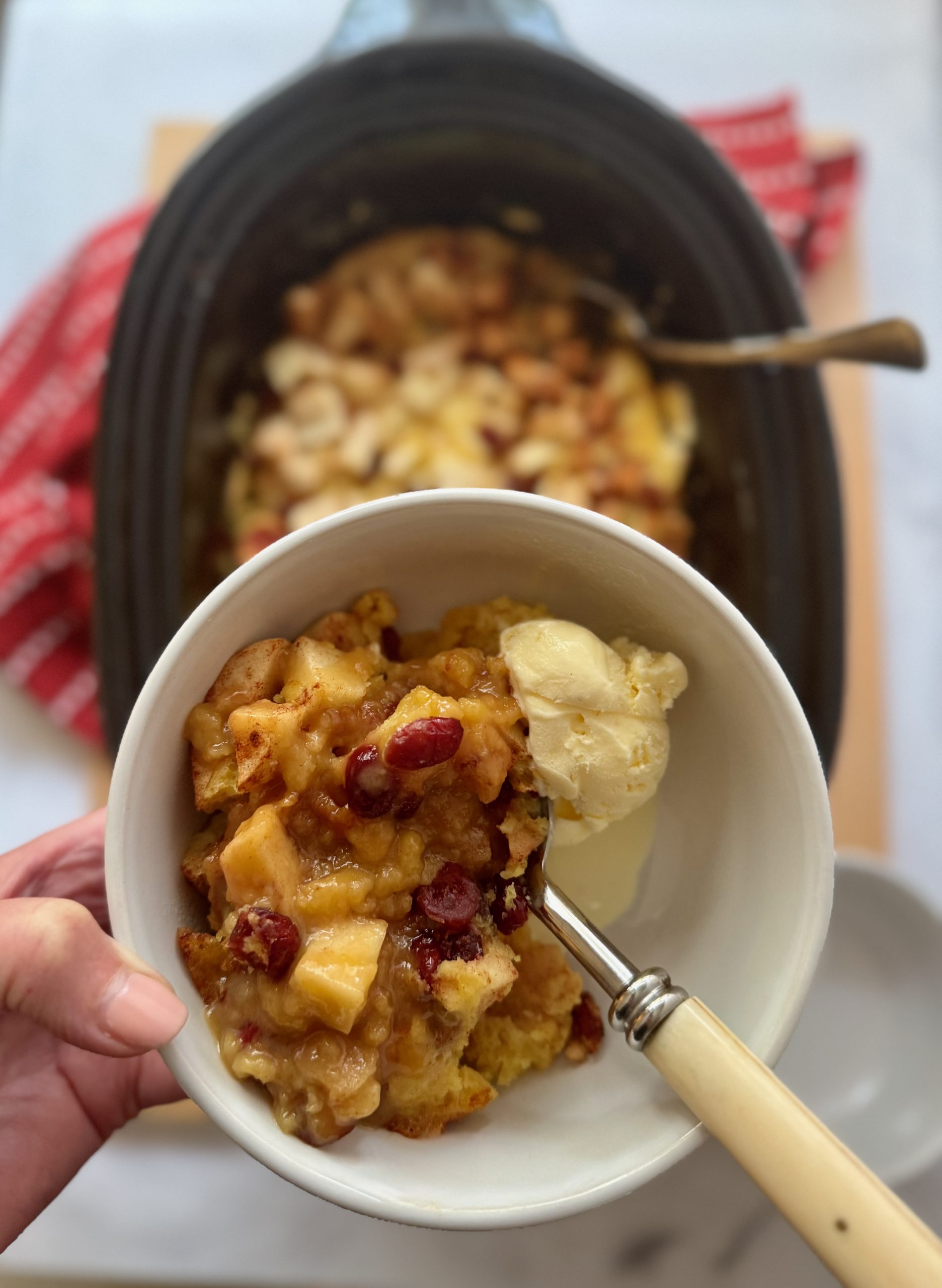 Recipe photo of completed Slow Cooker Apple Cranberry Pudding Cake. Slow cooker in background with a serving spooned out, Bowl in foreground with gooey serving with some melty vanilla ice cream alongside.